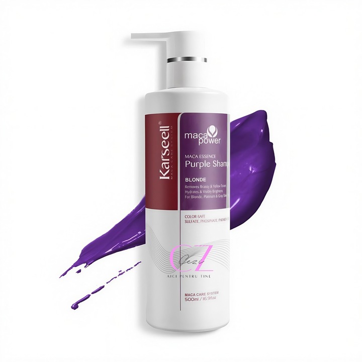 Karseell Purple/Violet sampon, semlegesíti a sárga és narancssárga tónusokat, hidratálja és helyreállítja a szőke, ősz vagy szőkített hajat, 500ml