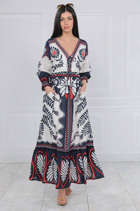 Rochie maxi din bumbac stil Boho cu buzunare, Alb, Roh DR4724, Onesize