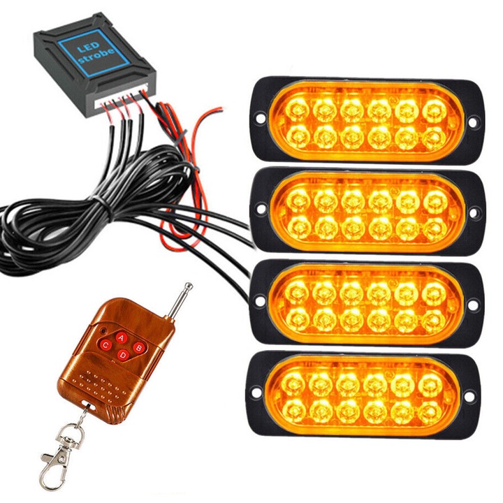 4 db autós figyelmeztető lámpa készlet, 12 LED, sárga, 12/24V, távirányító, IPX4, univerzális