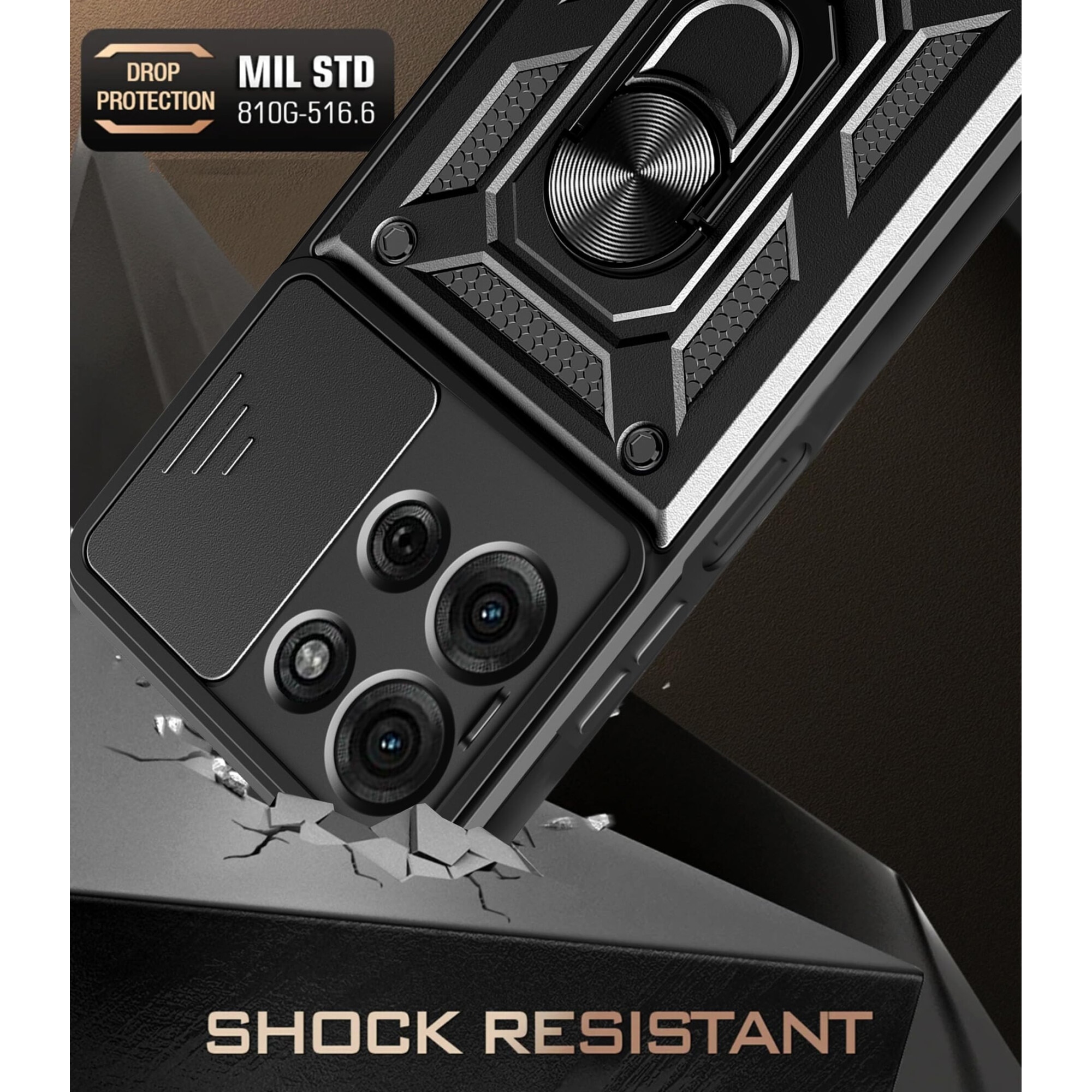 Husa telefon, pentru Motorola Moto G75 5G Capac de obiectiv al camerei glisante, inel rotativ 360°, Negru