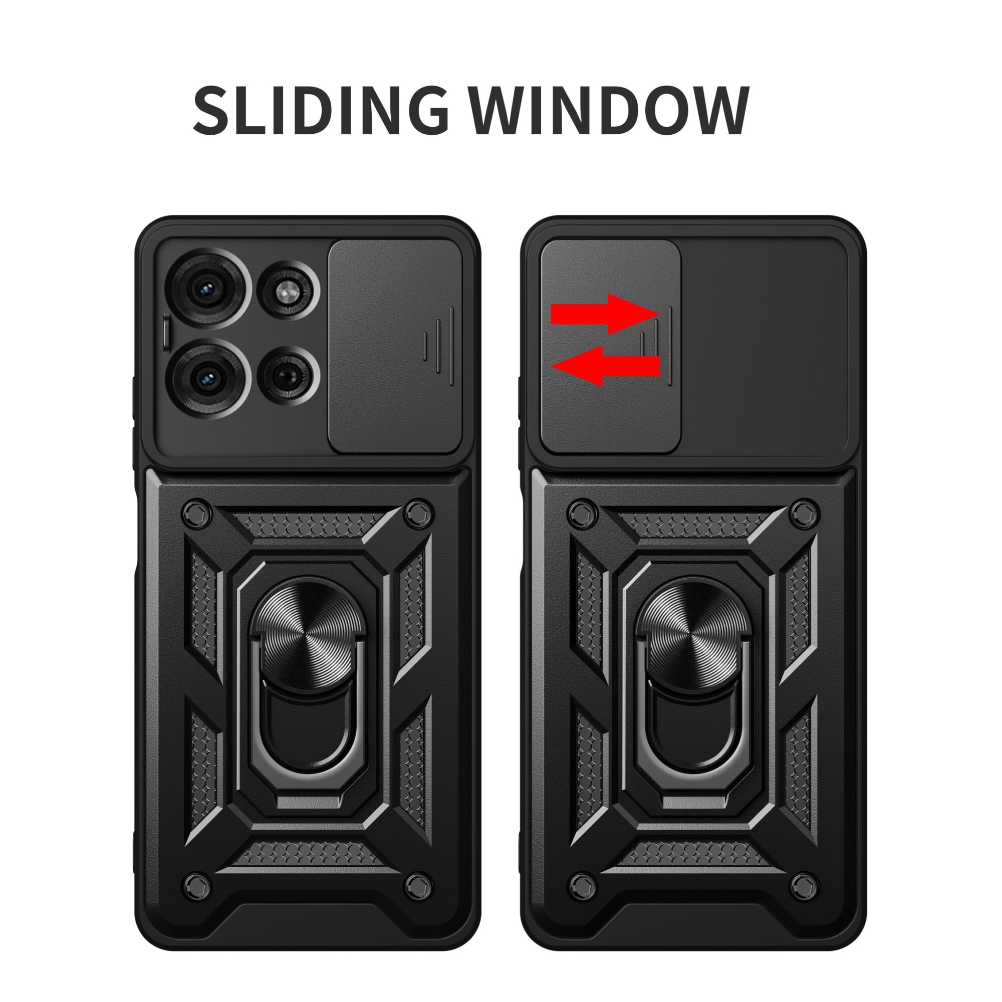 Husa telefon, pentru Motorola Moto G75 5G Capac de obiectiv al camerei glisante, inel rotativ 360°, Negru