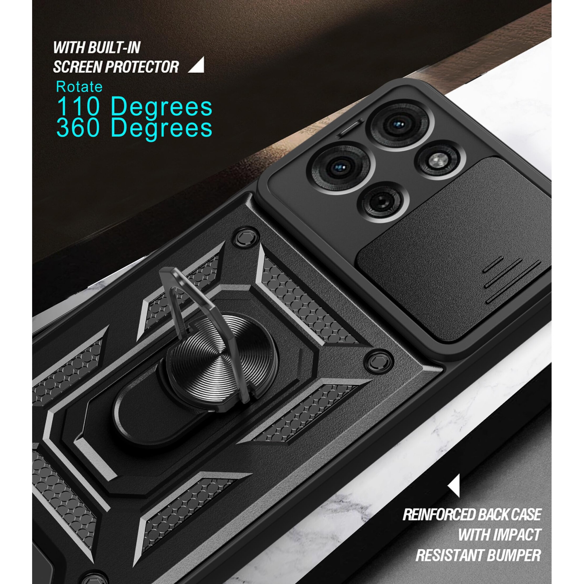 Husa telefon, pentru Motorola Moto G75 5G Capac de obiectiv al camerei glisante, inel rotativ 360°, Negru