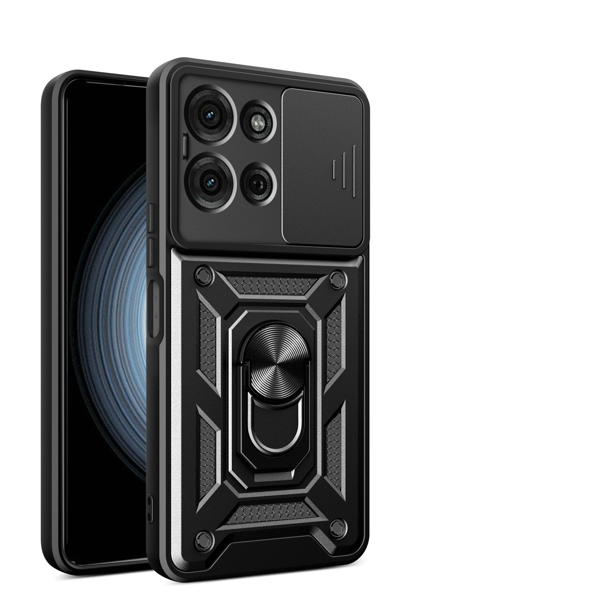Husa telefon, pentru Motorola Moto G75 5G Capac de obiectiv al camerei glisante, inel rotativ 360°, Negru