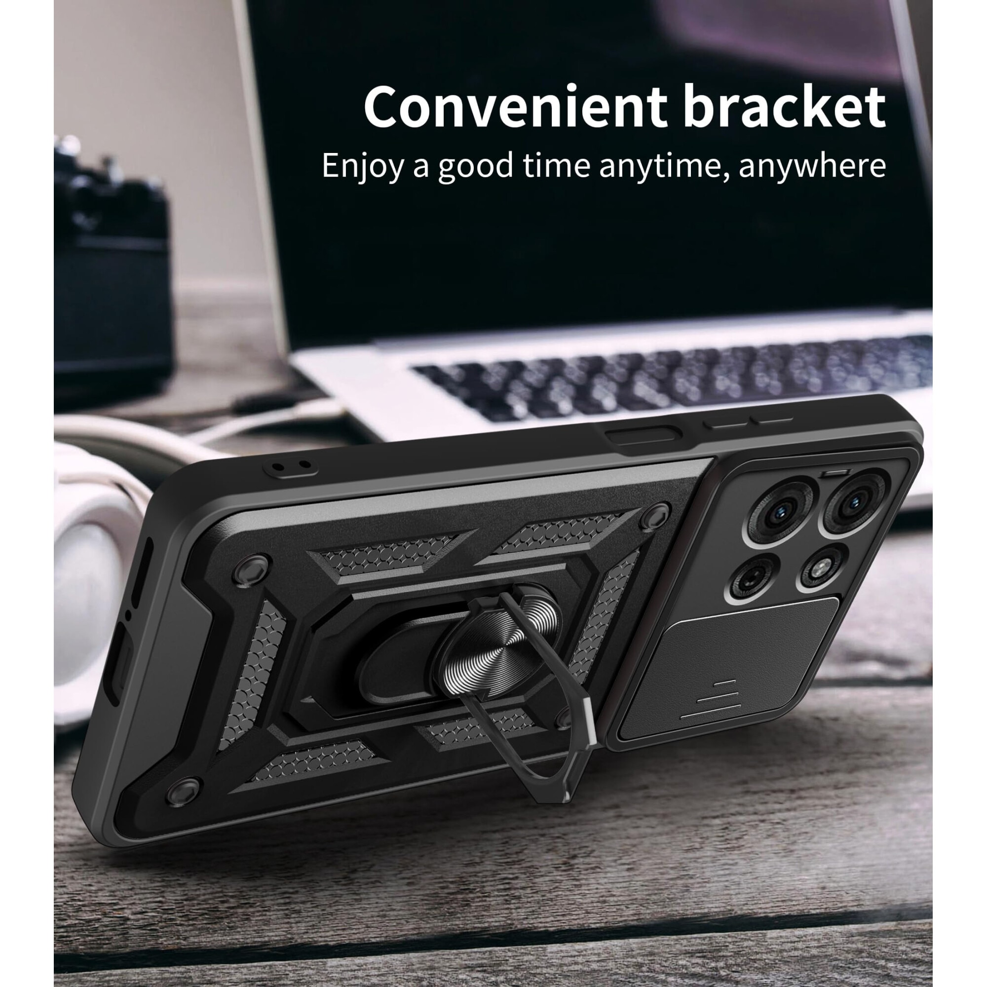 Husa telefon, pentru Motorola Moto G75 5G Capac de obiectiv al camerei glisante, inel rotativ 360°, Negru