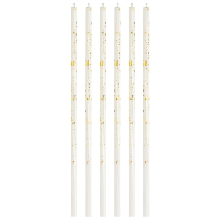 Комплект от 6 дълги свещи, Flippy, парафин, 10 x 0,5 cm, Честит рожден ден, бяло/златно
