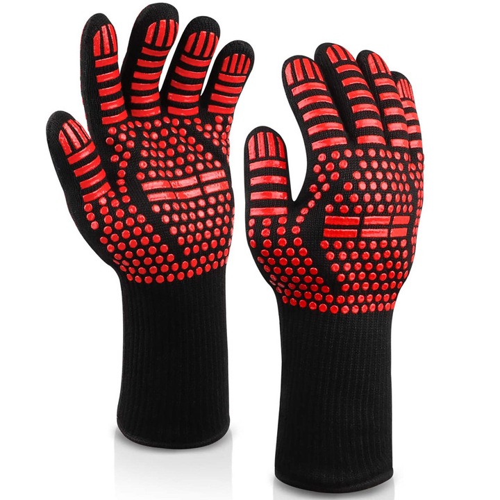 Védőkesztyű főzőhöz, AMRINUGL, többrétegű, hőálló, piros/fekete, univerzális méret