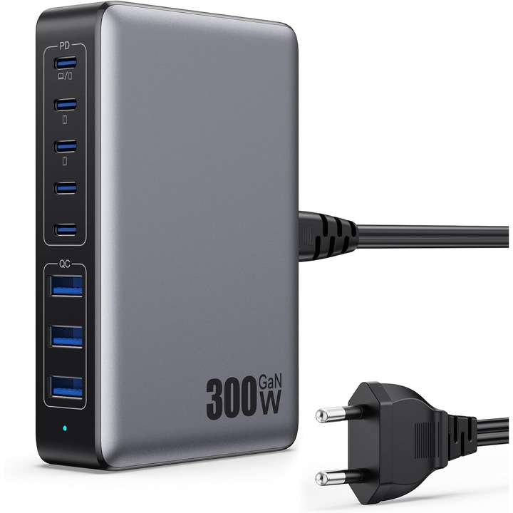 8 az 1-ben töltőállomás, Akár 300 W - 5 USB-C és 3 USB-A, PD max. 100 W portonként, laptop, MacBook, iPhone, Galaxy és egyéb eszközzel kompatibilis, Hordozható és biztonságos, Fekete