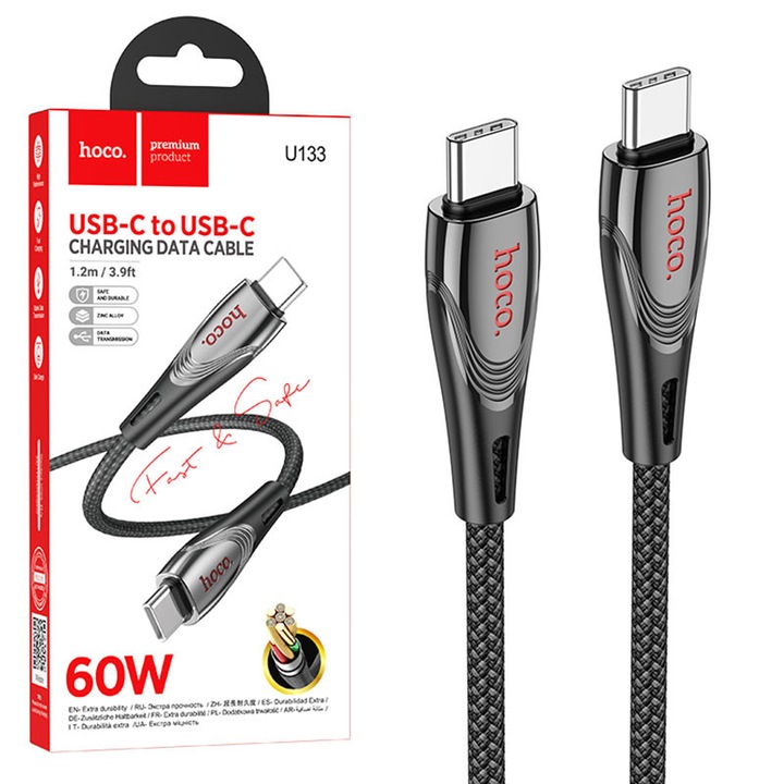Cablu Date si Incarcare Hoco (U133), USB-C, PD60W, QC3.0, 3A, Braided, 1.2m, Black