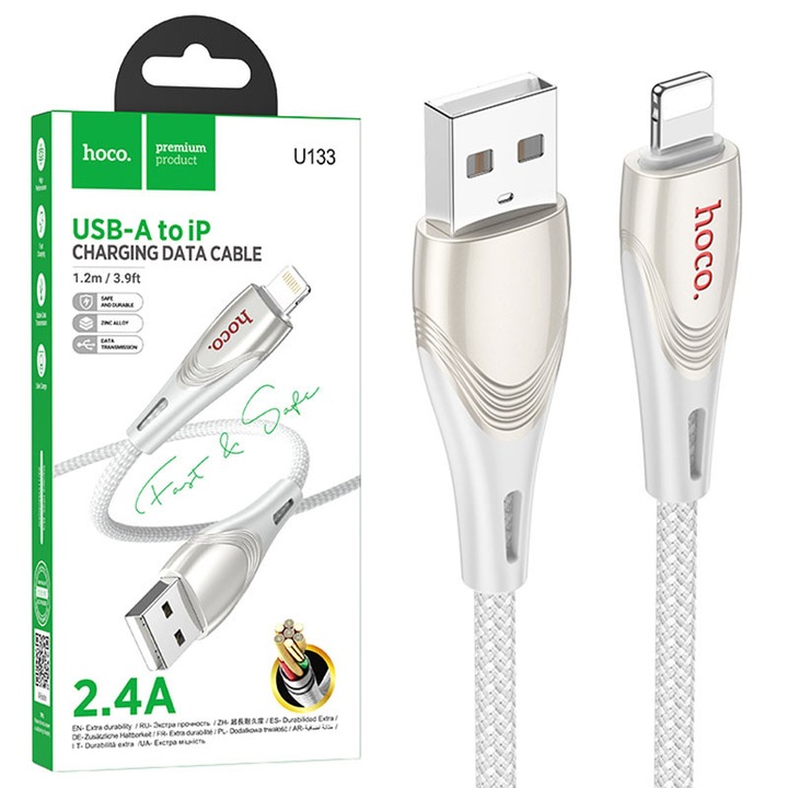 Cablu Date si Incarcare Hoco (U133), USB-A la Lightning, 2.4A, Braided, 1.2m, Gray