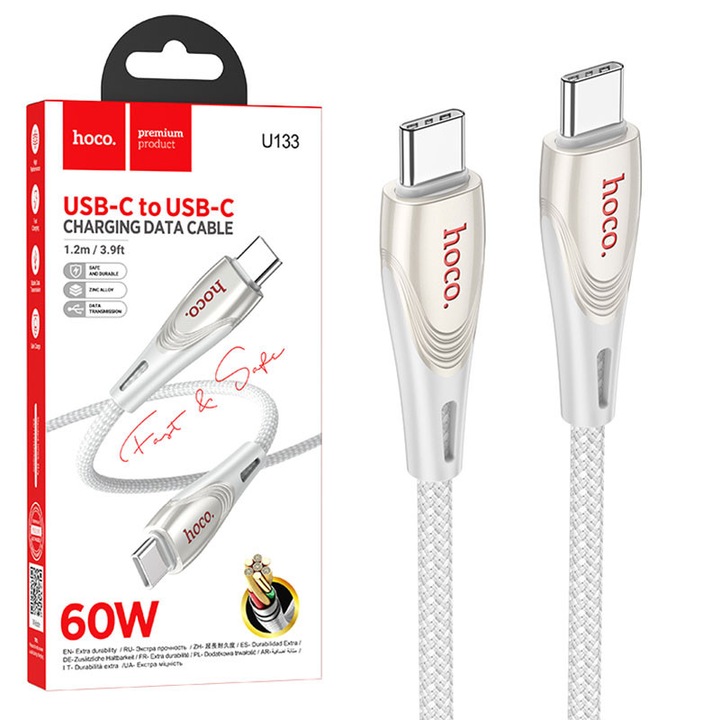 Cablu Date si Incarcare Hoco (U133), USB-C, PD60W, QC3.0, 3A, Braided, 1.2m, Gray