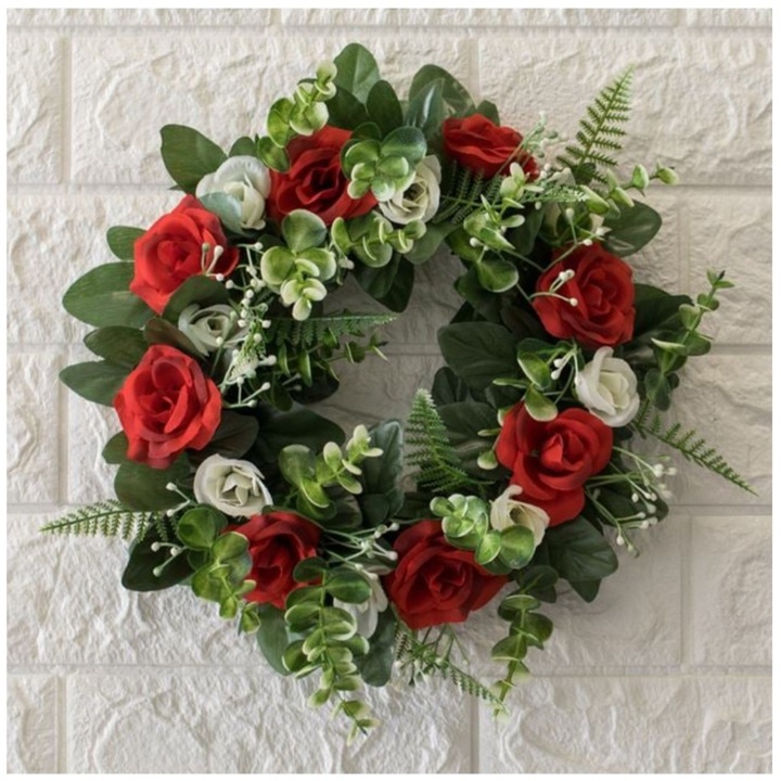 Coronita din flori artificiale, plastic, trandafiri, ferigasi eucalipt, rosu/alb/verde, Ø25cm