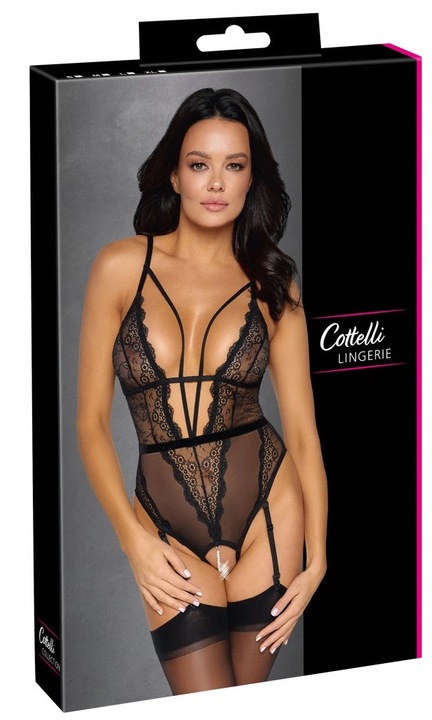 Body sexy Cottelli, negru, dantela transparenta, bretele reglabile, detalii cu perle, M INTL