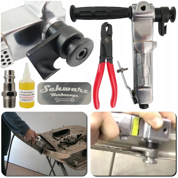 Desfacator de caroserie, Schwarz werkzeuge, Dispozitiv pneumatic pentru demontare, Putere 0, 5 hp, Inclus cleste pentru indoire preliminara, Racord de aer 1/4", Ulei 100 ml