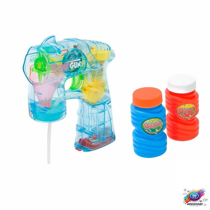 Pistol pt bule (baloane) de sapun ANGMAD, actionat electic, emite sunete si lumini, 2 bidonase cu lichid pentru baloane de sapun, transmarent-multicolor, varsta min. 3+ani