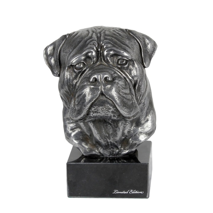 Figurina Bulmastif pe baza de marmura, acoperita cu metal argintiu, realizata manual, Art-Dog