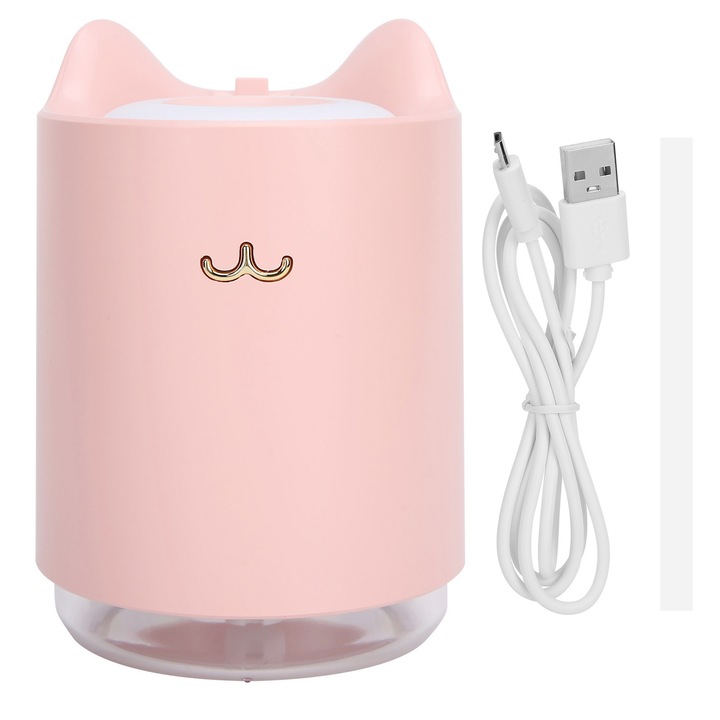 Ултразвуков овлажнител за въздух, дизайн с котка, 320 мл, розов, комплект с LED светлина