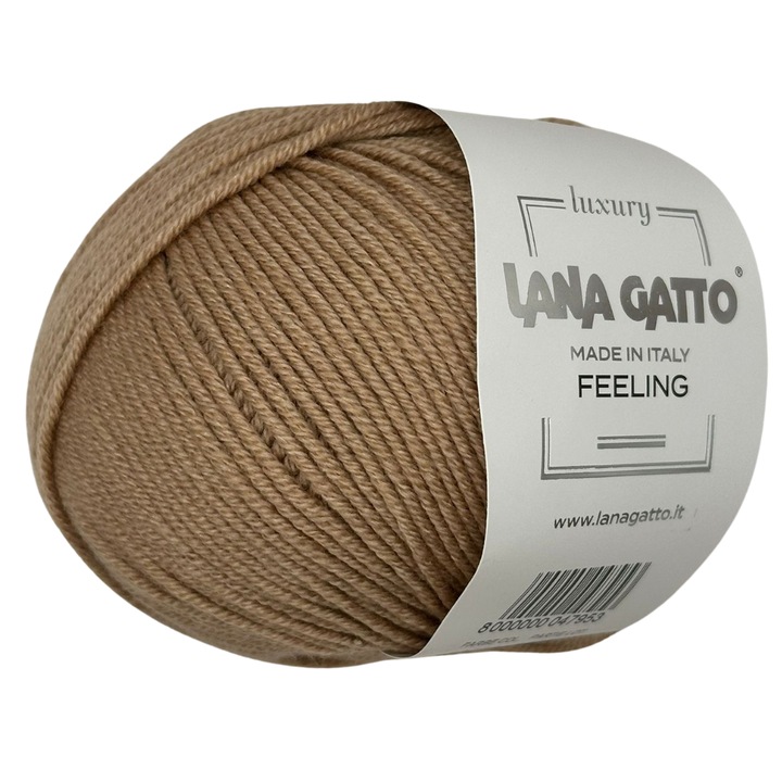 Fir de tricotat Lana Gatto Feeling, lana merinos extrafina, matase si casmir, maro nisip, 50g – fir de lux pentru tricotaje elegante