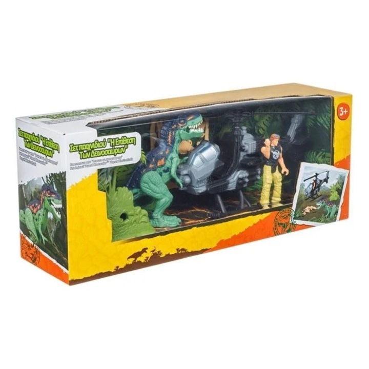 Játékkészlet dinoszauruszokkal és helikopterrel, Welora, ember és kövület figurákkal, 45x11.5x17cm, többszínű