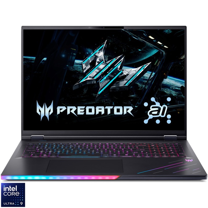 Acer Predator Helios 18 AI PH18-73-91K7 Gamer laptop, Intel Core Ultra 9 275HX processzorral akár 5.4GHz-ig, 18 hüvelykes, WQXGA, IPS, 250Hz, 128GB DDR5 RAM, 4TB SSD, NVIDIA GeForce RTX 5080 16GB GDDR7, Operációs rendszer nélkül, Abyssal Black fekete