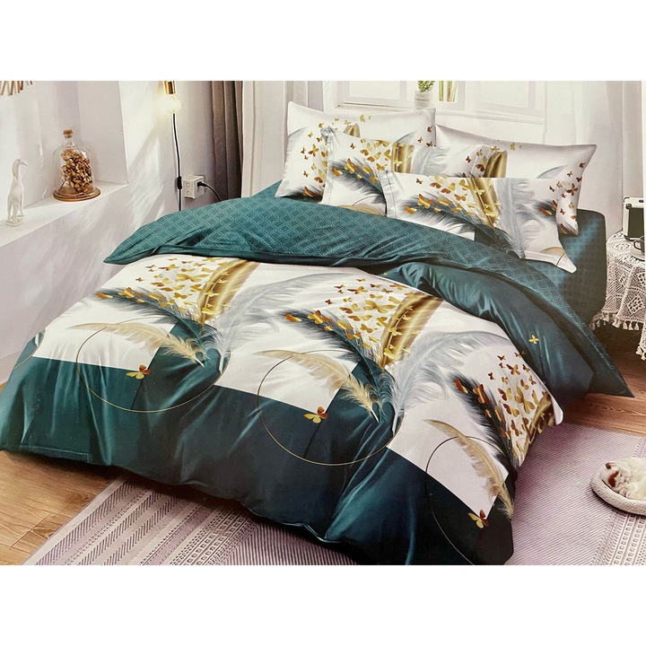 Set Lenjerie de pat din FINET, pentru 2 persoane, 6 piese, Cearceaf de pat 245 x 250 cm, Cearceaf pilota 200 x 230 cm, 2 fete perna 70 x 70 cm, 2 fete perna 55 x 80 cm, Alb Verde Auriu