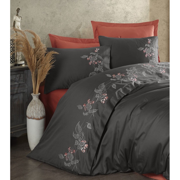 Lenjerie de pat brodata Efra Gri, de lux, 6 piese, 200x220 / 50x70, 100% bumbac satinat