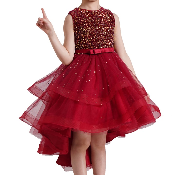 Момичешка рокля MWAOWM с шлейф, пола от тюл, червени пайети, Червен