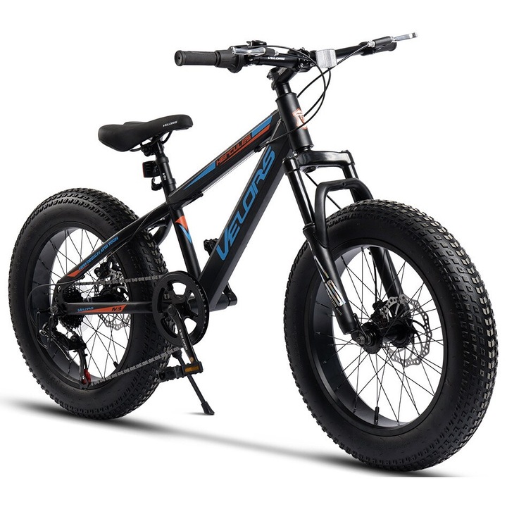 Детски фет байк с 20" колела, оборудване Shimano, предни/задни дискови спирачки, въртящ се лост Shimano, 7 скорости, черно/синьо/оранжево, Velors Hercules Genius 2.0 Fat Bike с широки гуми