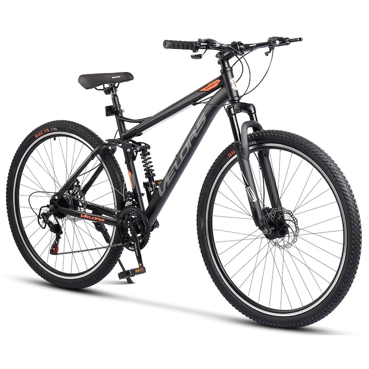 Велосипед MTB с 29" колела, Shimano/Carpat оборудване, ДИСКОВИ спирачки-предни/задни, 21 скорости, черен/сив/оранжев, планински велосипед Velors Matador Genius с двойно окачване 2025 поколение