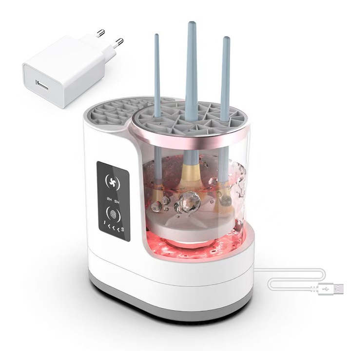 Masina de curatat pensule de machiaj 3 in 1, cu functie de uscare, 850RPM, alb, separare umeda si uscata, model plug-in