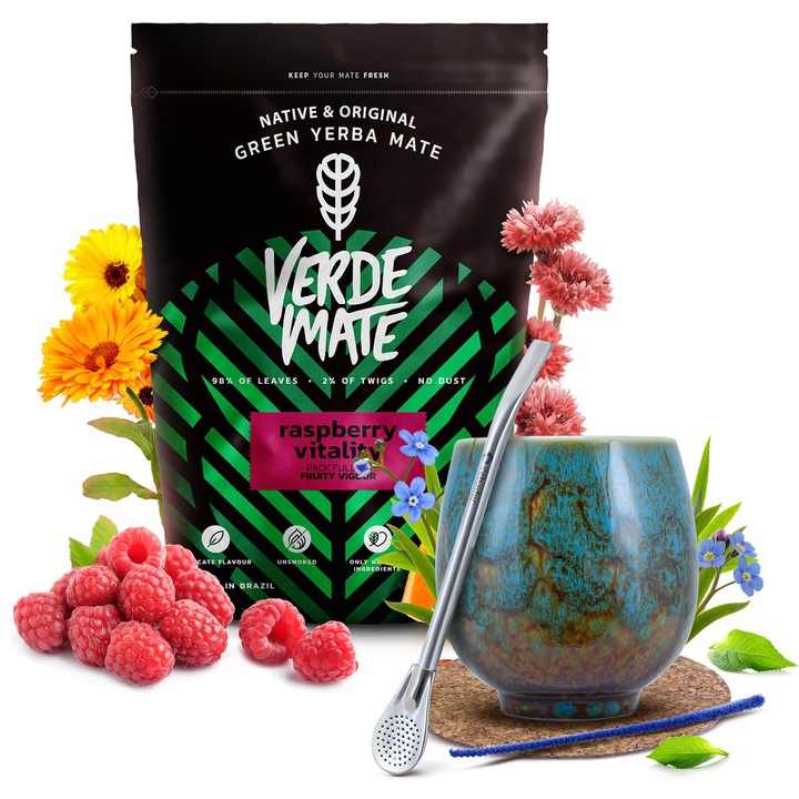 Yerba Mate Tea Készlet Verde Mate, Raspberry 500g, Málnás Frissesség, Bögre Isla, 220 ml, Bombilla
