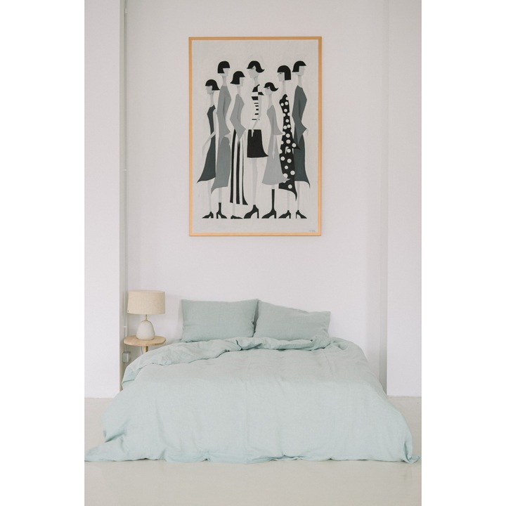 Set asternut de pat, 100% in european prespalat, Dusty Green, husa pilota 280x260, cearsaf flat 300x280, 2 fete de perna 50x70