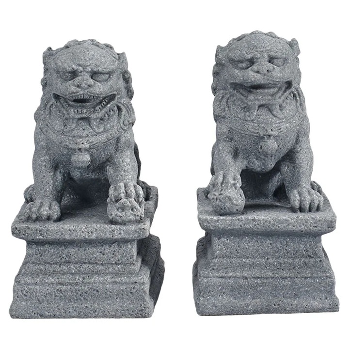 Set 2 statuete leu Foo feng shui ZYBLSSBB LSM2xh4540-BCS0138418, din arenisca, gri, 4.5 x 3.0 x 2.2 cm