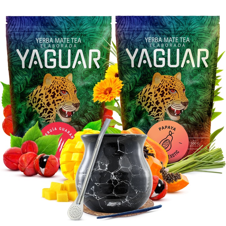 Yerba Mate Tea Készlet, Yaguar, Papaya Guarana, 2x500g, Természetes Energia, Bögre Marmori, 350 ml