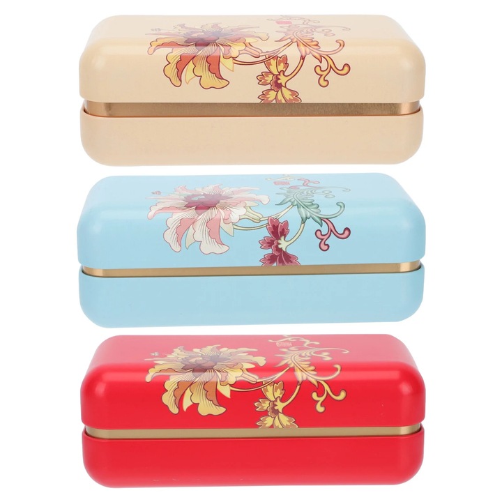 Set 3 cutii depozitare ceai ZYBLSSBB, metal, flori, 16x8x5cm, multicolor