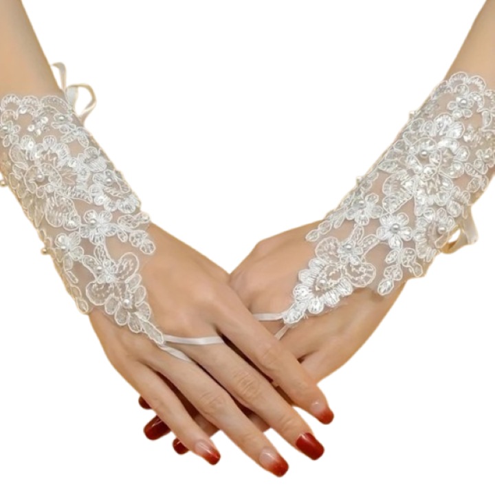Сватбени ръкавици, дантела, с мъниста, бели, 20см
