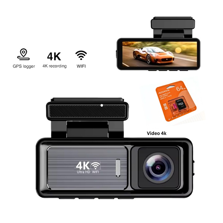 Set Camera auto DVR dubla DFMiSHOP FreeQⓇ Model M6, IPS 3,2", Color, 4K UltraHD, Wi-Fi, GPS, G-senzor, WDR, MicroSDXC Adata, adaptor SD, UHS-I, 64 GB, clasa10
