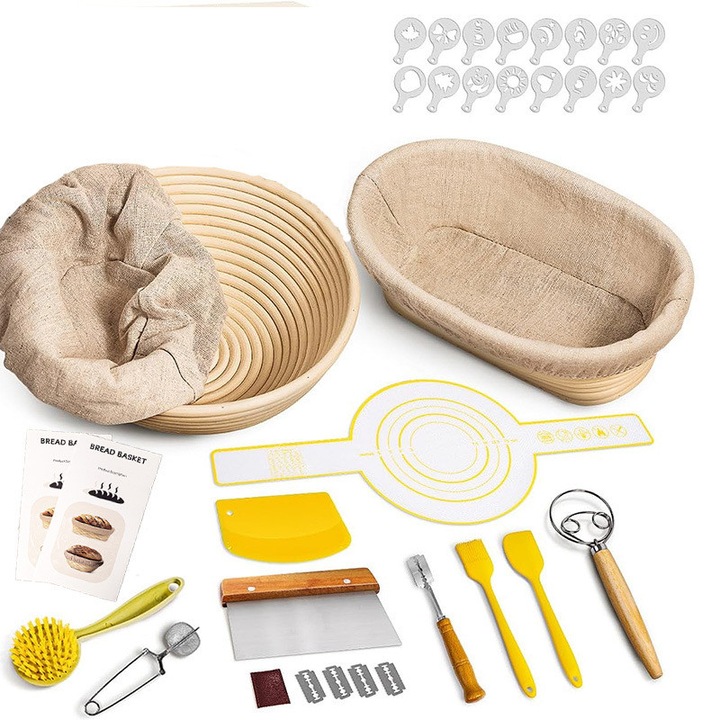 Set cosuri de fermentare pentru paine, MWAOWM, 9" rotund & 10" oval, 16 ustensile de coacere, bej