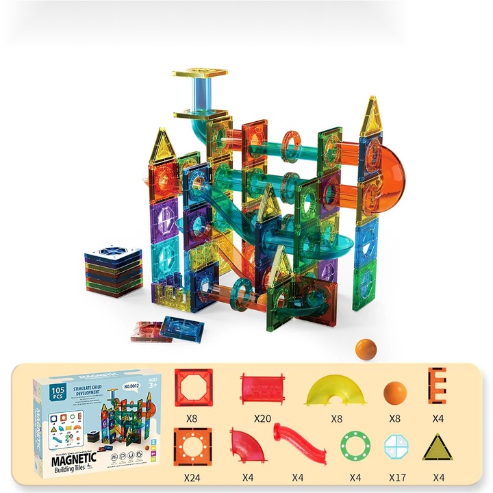 Set de blocuri magnetice 105 piese, jucarie educativa 3D, culori vibrante, pentru copii de la 3 ani