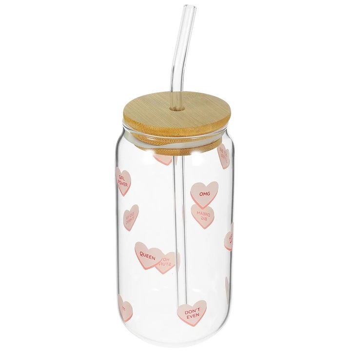 Pahar din sticla ZYBLSSBB LSM2xh12588-BCS0124323 cu capac din lemn si pai din sticla, transparent/lemn, 301–400 ml