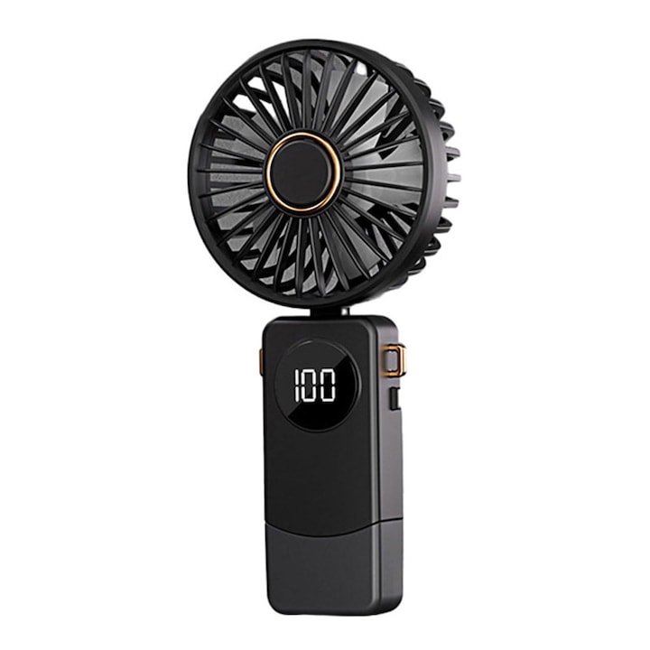 Вентилатор, 3 в 1, Преносим, Ръчен, Настолен, Вентилатор за врата, 5 скорости, Сгъваем, с LCD екран, 1200mAh, черен