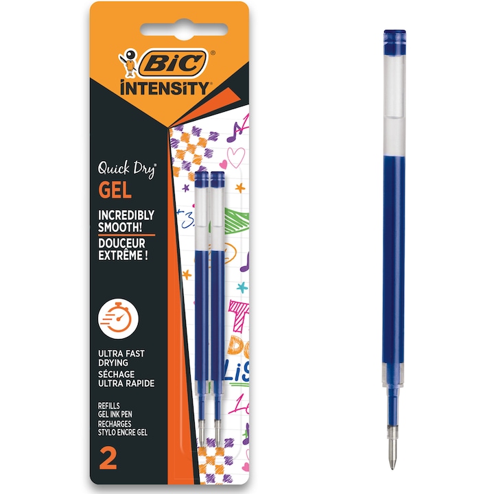 Rezerve Roller BIC Intensity Quick Dry Gel , uscare rapida, 0.7mm, albastru, blister 2 bucati