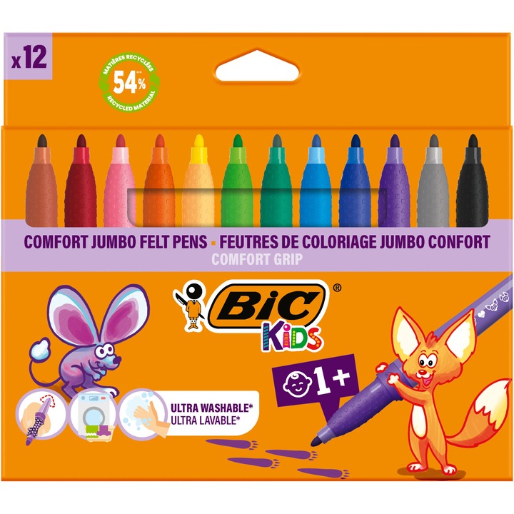 Маркери за оцветяване BIC Kids Comfort Jumbo с ултра-измиващо се мастило на водна основа, Различни цветове, Комплект 12 броя