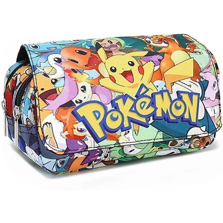 Penar cu Model Pikachu, Pokemon, Geanta pentru Rechizite pentru Baieti si Fete, Mare Capacitate cu 2 Compartimente, Penar Portabil pentru Birou si Scoala