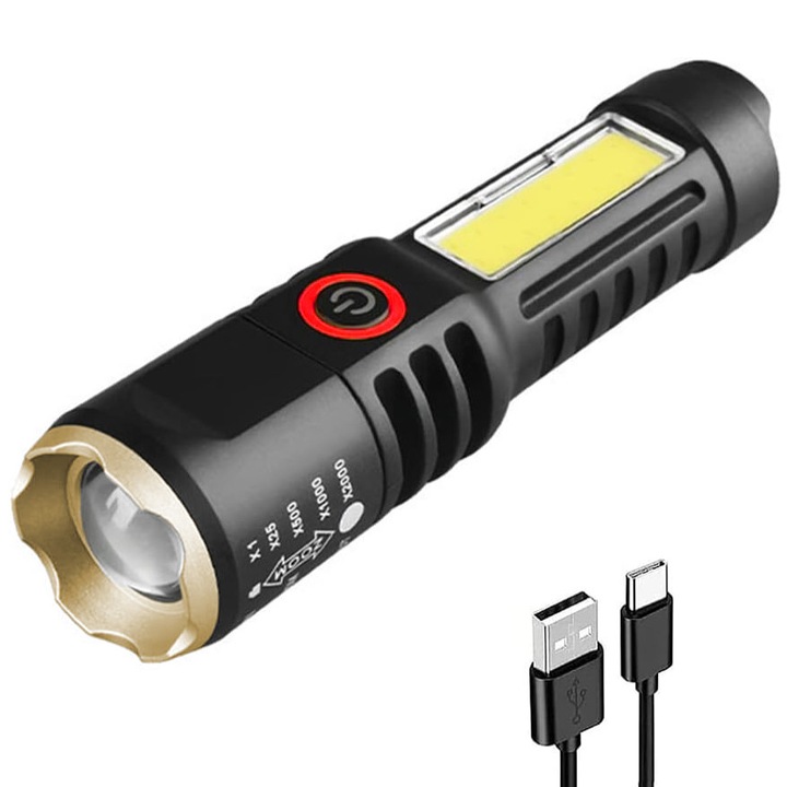 Genetic LED акумулаторен тактически фенер, USB-C кабел, 14, 5 см, IPX4 водоустойчив, черен