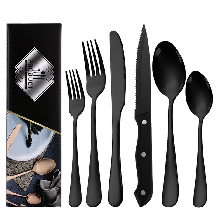 Set de Tacamuri 24 Piese ZGGZERG, Cutie Organizatoare, Negru, Inox, Pentru 4 Persoane