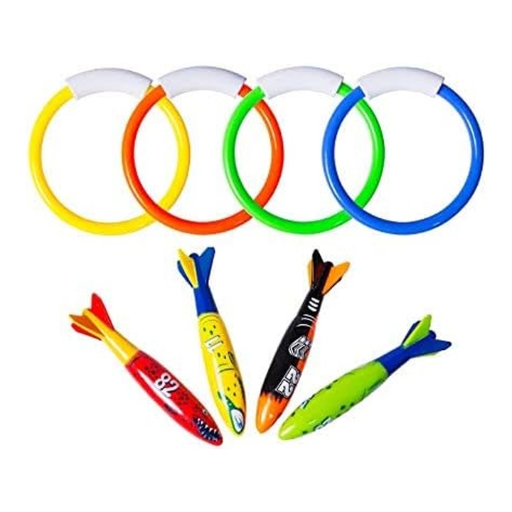 Set 8 inele de scufundare, Enforose, culori vibrante, material sigur, torpila interactiva 13cm