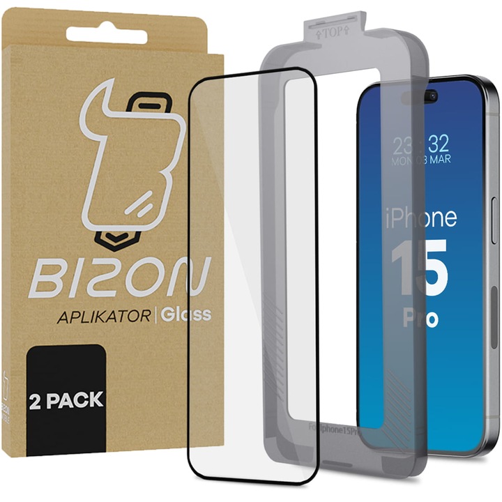 Комплект 2x Стъкло, Bizon Glass Aplikator, iPhone 15 Pro, Прозрачен