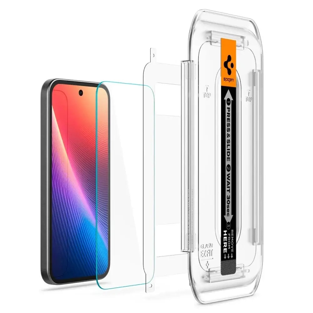Set 2 folii sticla cu sistem de montare Case friendly Spigen GLAStR EZ FIT compatibil cu Google Pixel 9a Clear