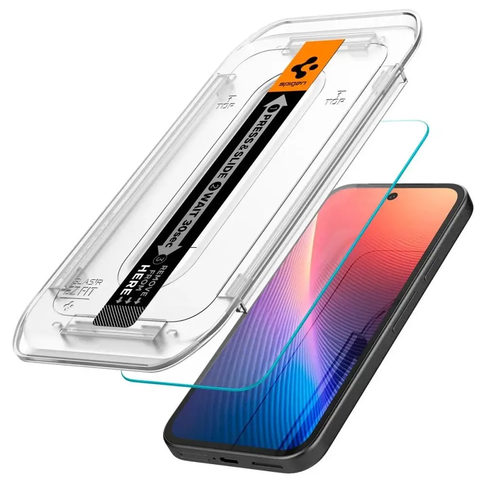 Set 2 folii sticla cu sistem de montare Case friendly Spigen GLAStR EZ FIT compatibil cu Google Pixel 9a Clear