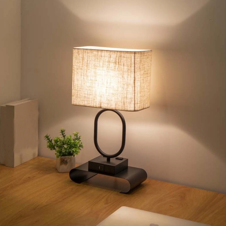 Lampa de noptiera ZYBLSSBB, 2 porturi USB, 2 prize AC, abajur din in, bej-gri-alb, 27x15x49cm